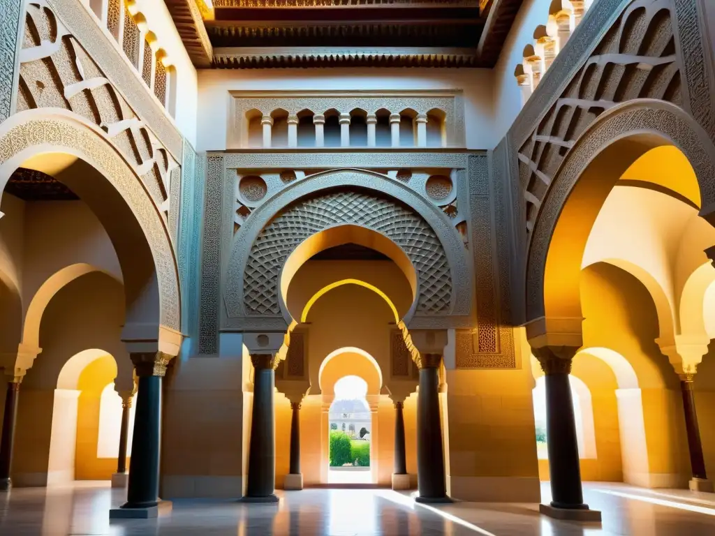 Detalle impresionante de la Gran Mezquita de Córdoba, con sus arcos de herradura, columnas dobles y juego de luces y sombras