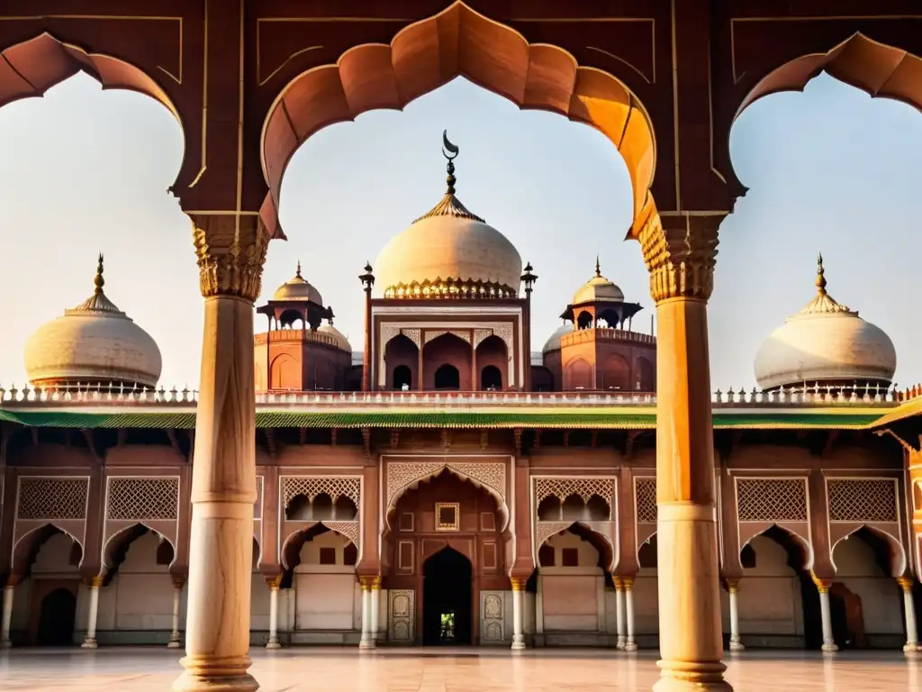 Detalle impresionante de la influencia islámica en la arquitectura de la India en la majestuosa Jama Masjid en Delhi, bañada por la cálida luz del sol