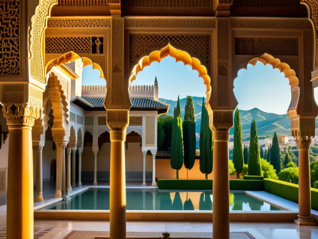 Detalle impresionante de la Alhambra en Granada, con influencias islámicas literatura fantástica