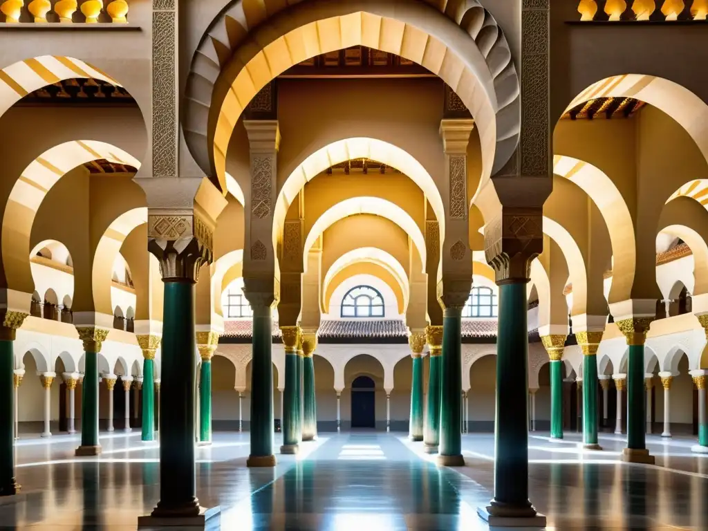 Detalle impresionante del interior de la Mezquita de Córdoba, con arcos de herradura, patrones geométricos y juego de luces y sombras