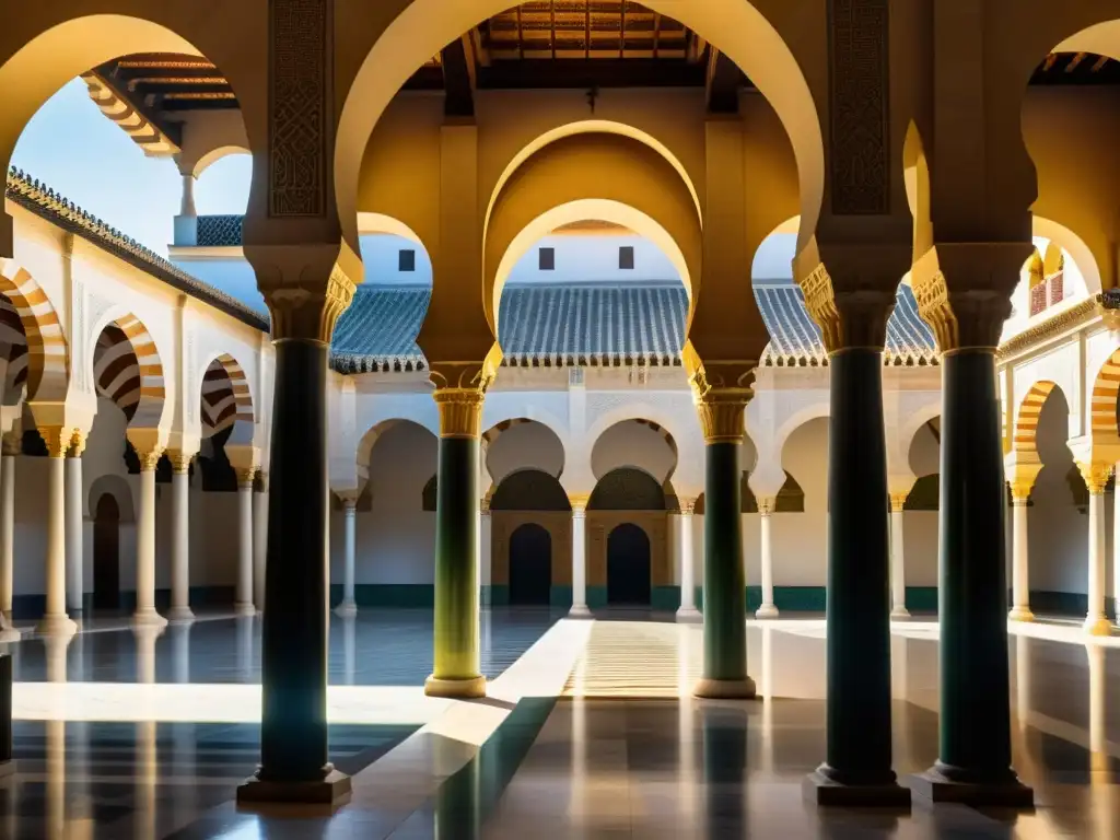 Detalle impresionante del legado del Califato de Córdoba: arcos, patrones geométricos y juegos de luz en la Gran Mezquita