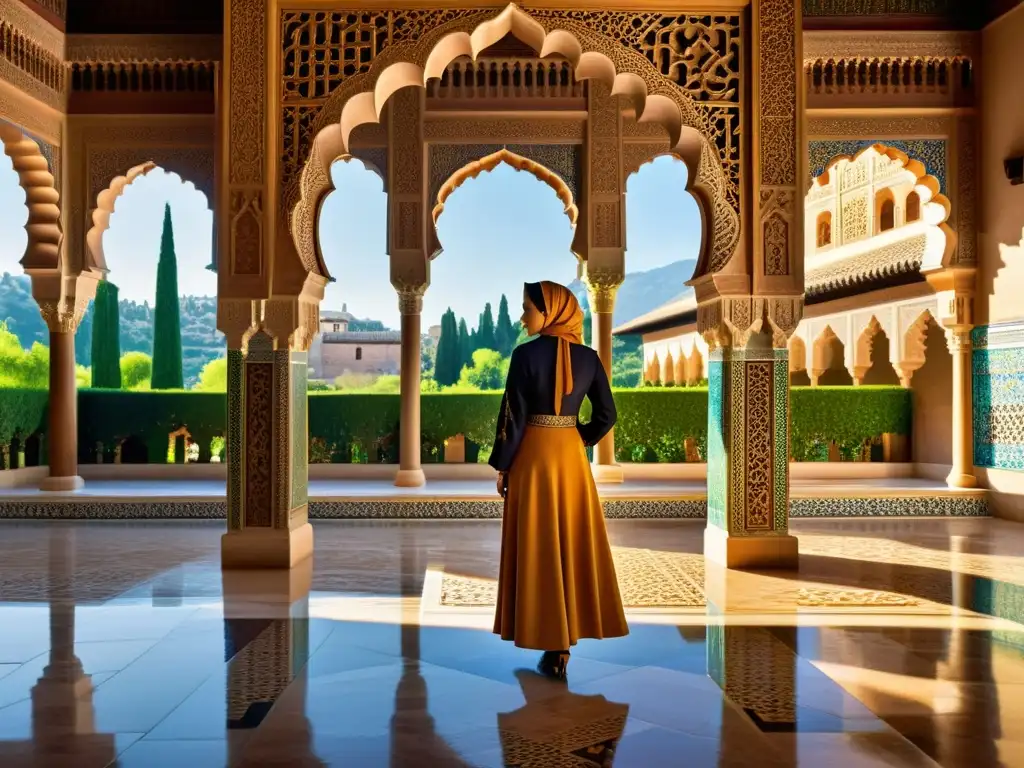 Detalle impresionante del legado islámico en la Alhambra, España, con intrincadas decoraciones y azulejos vibrantes