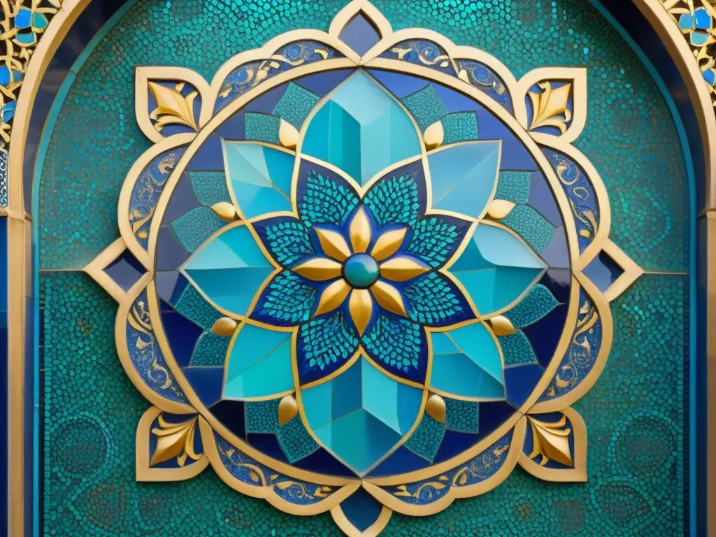 Detalle impresionante del legado persa en la cultura islámica: mosaico persa en tonos vibrantes de azul, turquesa y oro, con patrones florales y geométricos en una majestuosa obra arquitectónica