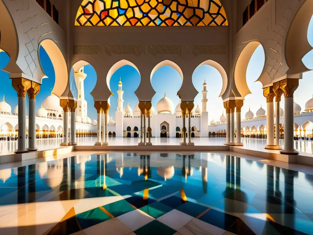 Detalle impresionante de las manifestaciones culturales islámicas en la arquitectura mundial de la Gran Mezquita Sheikh Zayed en Abu Dabi, con intrincados diseños geométricos y colores vibrantes