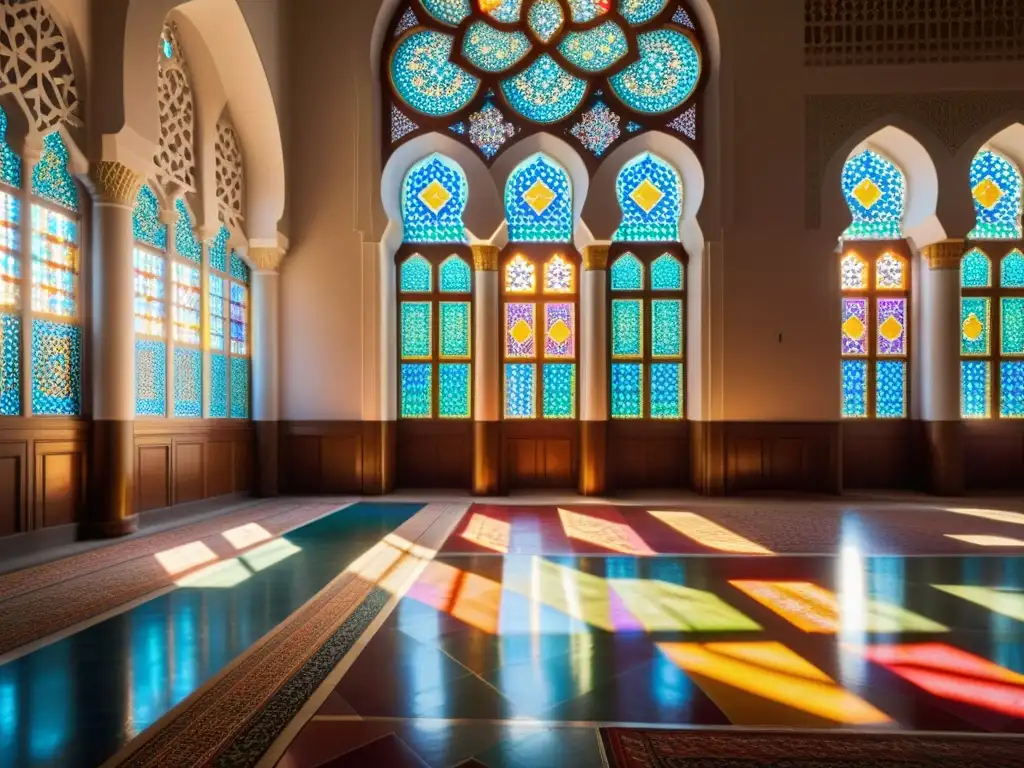 Detalle impresionante de una mezquita decorada con patrones geométricos vibrantes, caligrafía ornamental y vitrales coloridos