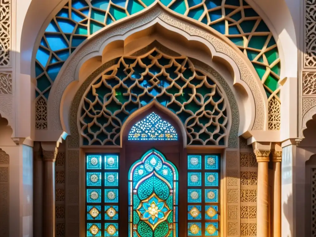 Detalle impresionante del mihrab en una mezquita, con intrincados patrones y caligrafía, bañado en luz solar