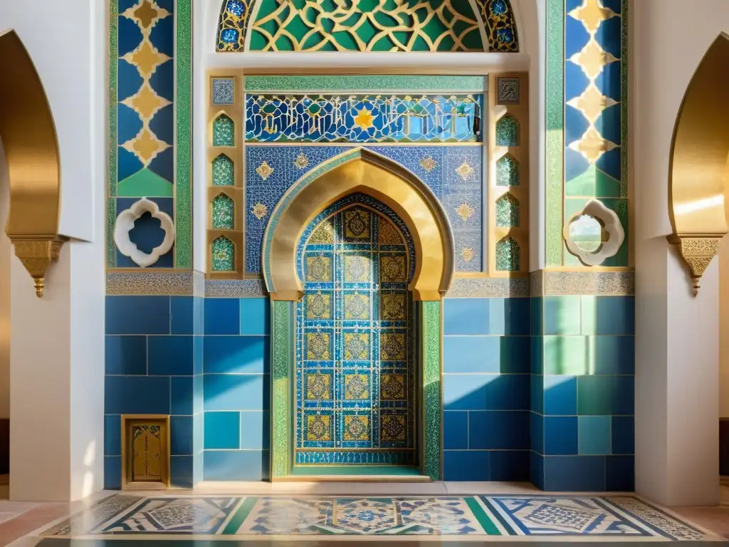 Detalle impresionante del mihrab en mezquitas, con intrincados patrones de azulejos en tonos de azul, verde y oro, bañado en cálida luz natural