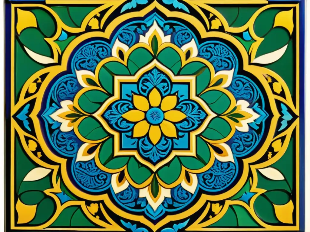 Detalle impresionante de un mosaico de azulejos persas, evocando historia, diseño y decoración enriquecida por colores vibrantes