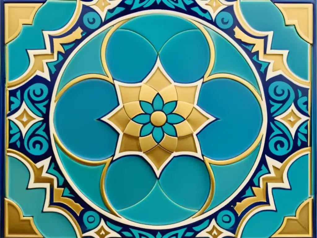 Detalle impresionante de un mosaico cerámico islámico en tonos azules, turquesa y dorados