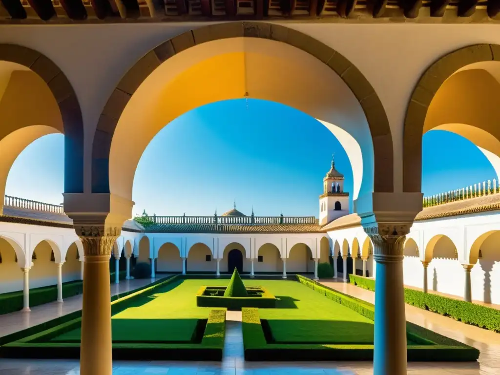 Detalle impresionante del Palacio de Viana en Córdoba, resaltando sus patrones geométricos y arcos elegantes