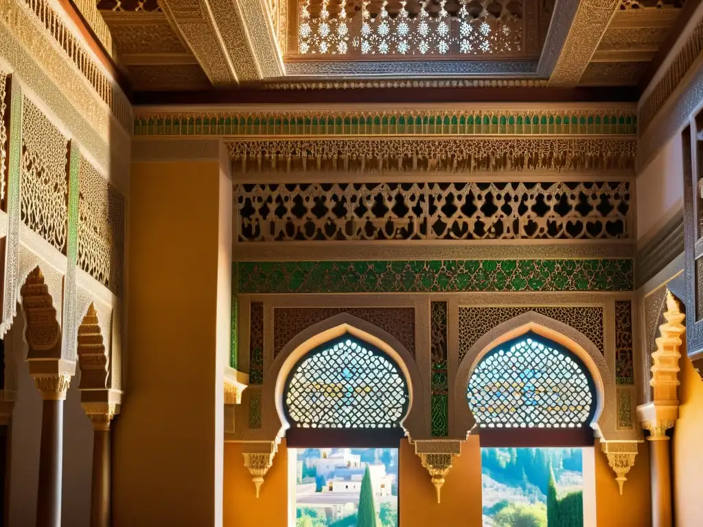 Detalle impresionante de los patrones geométricos de la Alhambra en Granada, reflejando la influencia de la arquitectura islámica en Europa