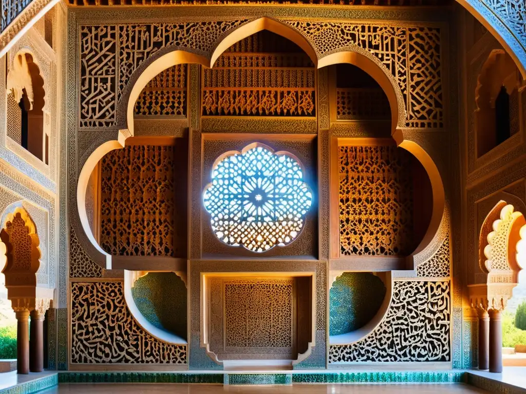 Detalle impresionante de la ornamentación tridimensional arte islámico en la Alhambra, con juegos de luz y sombra que realzan su belleza