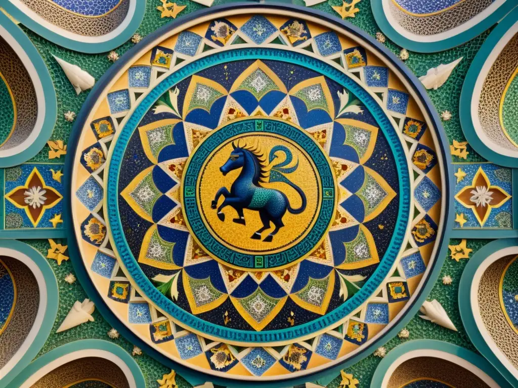 Detalle impresionante del zodíaco islámico en mosaico, con patrones geométricos y colores vibrantes en una histórica mezquita