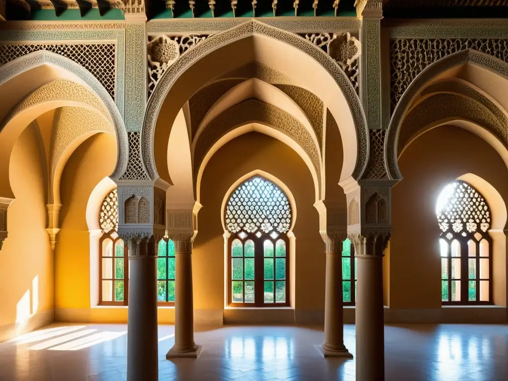 Detalle de los impresionantes arcos y patrones de la arquitectura islámica del Palacio de la Aljafería en Zaragoza, mostrando su belleza histórica