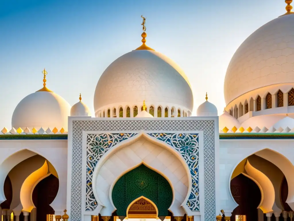 Detalle de las impresionantes baldosas y patrones geométricos en la fachada de la Gran Mezquita Sheikh Zayed en Abu Dabi, destacando los estilos de mezquitas alrededor con luz solar dinámica