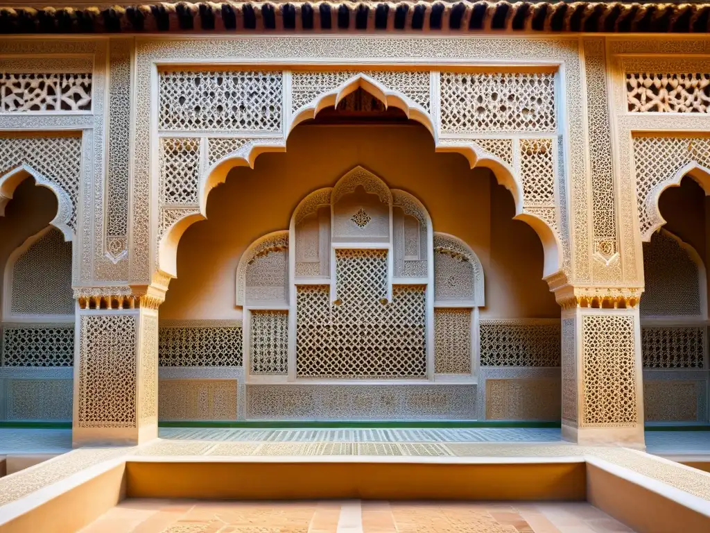 Detalle de las impresionantes decoraciones geométricas y arabescos en la Alhambra, revelando los secretos matemáticos del arte islámico