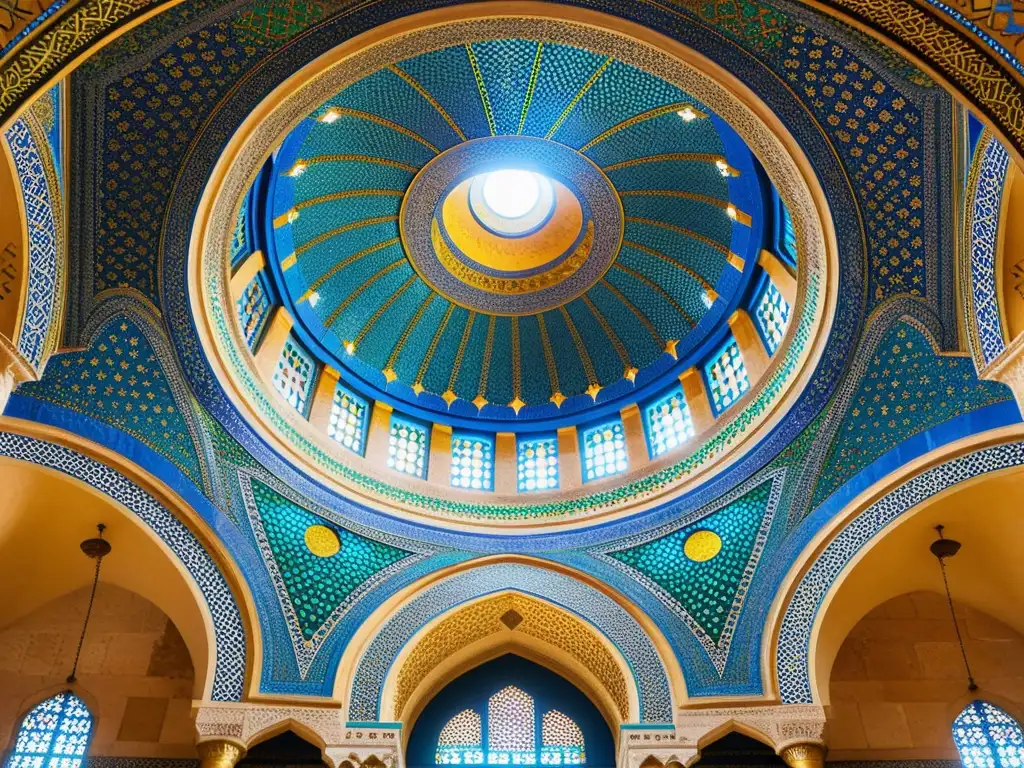 Detalle de los impresionantes patrones geométricos y mosaicos coloridos en el interior de la Cúpula de la Roca en Jerusalén, destacando las manifestaciones culturales de la arquitectura islámica mundial