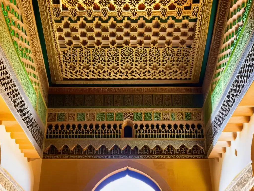 Detalle de los impresionantes patrones geométricos e influencia islámica en la arquitectura colonial latinoamericana en la Alhambra, Granada