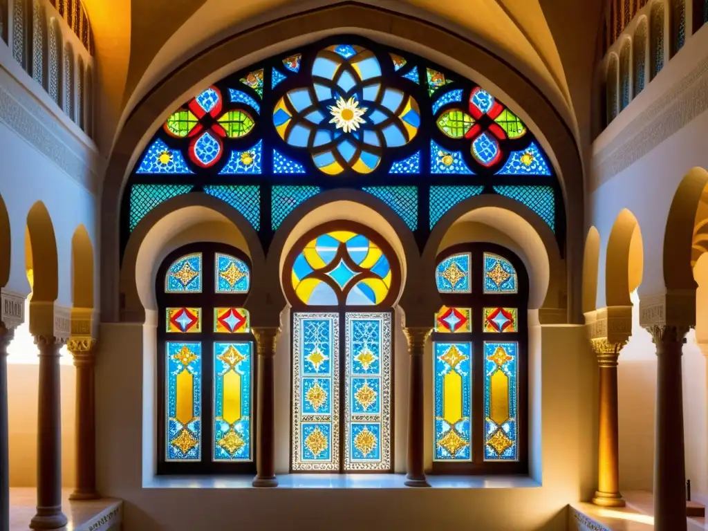 Detalle de la influencia islámica en la arquitectura colonial latinoamericana en la Mezquita-Catedral de Córdoba, con intrincados diseños geométricos y arabescos, resaltados por la luz y la sombra