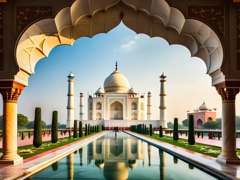 Detalle de la influencia islámica en los palacios de la India, destacando el intrincado trabajo de mármol y los arcos del Taj Mahal