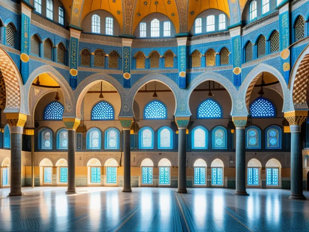 Detalle 8k del interior de la Mezquita Azul en Estambul, con sus patrones geométricos en azul y la majestuosa cúpula