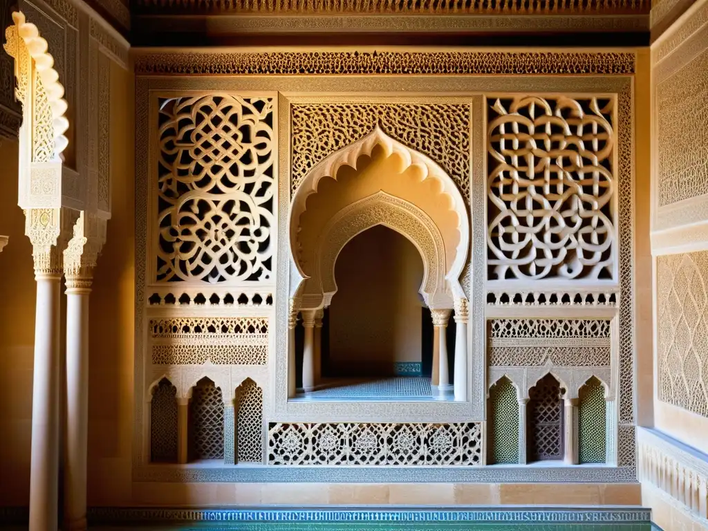 Detalle fotorealista de la intrincada geometría sagrada en arte islámico, Alhambra, Granada