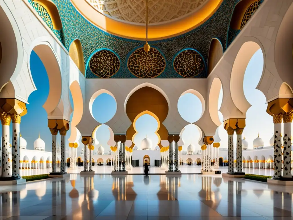 Detalle intrincado de la arquitectura de la Mezquita Sheikh Zayed en Abu Dabi, con patrones geométricos islámicos y juego de luces y sombras