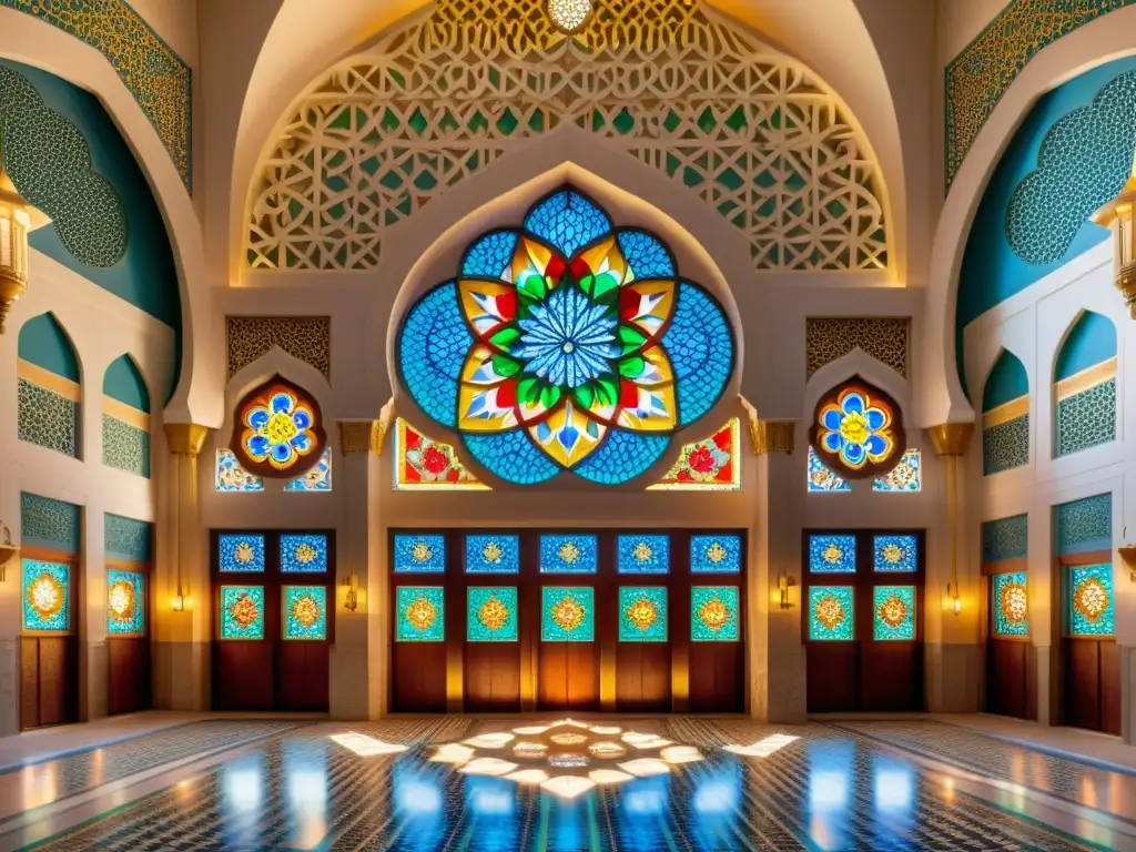 Detalle intrincado de patrón geométrico islámico en mezquita, iluminado por luz natural, evocando la influencia del Islam en autores no musulmanes