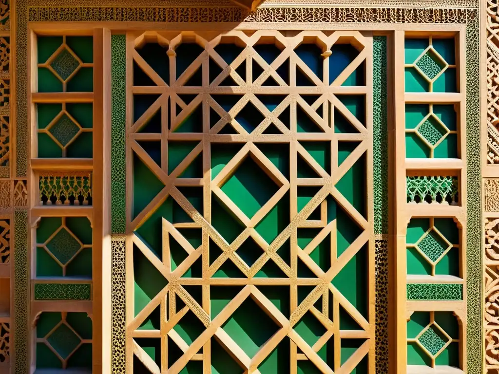 Detalle intrincado de la Alhambra, legado islámico en España: exuberantes patrones geométricos, colores vibrantes y detalles meticulosos