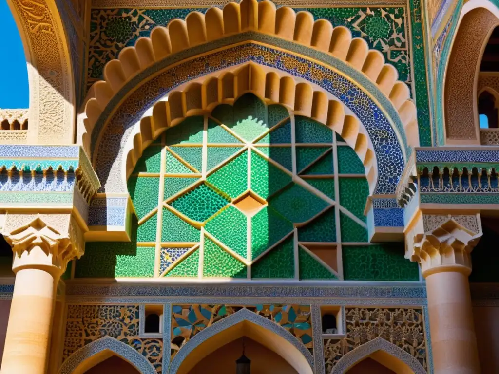 Detalle del intrincado mosaico de la Alhambra, con patrones geométricos y colores vibrantes que simbolizan el legado científico musulmán en Europa