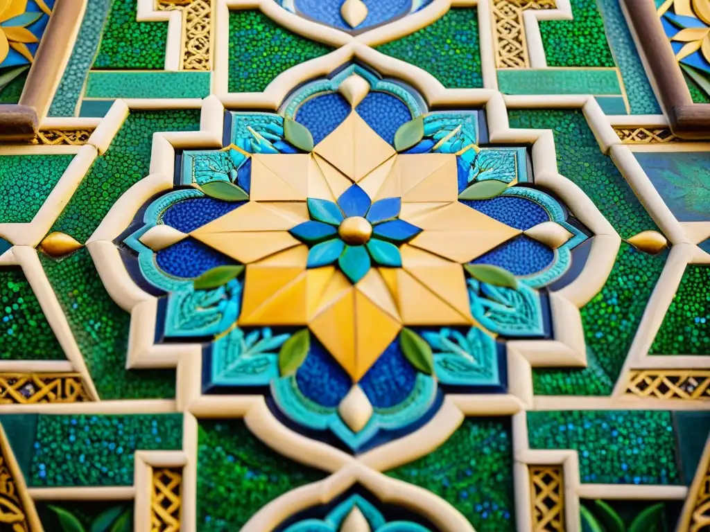 Detalle de un intrincado mosaico en la Alhambra, Granada, destacando la fusión artística en el islam con patrones geométricos y colores vibrantes