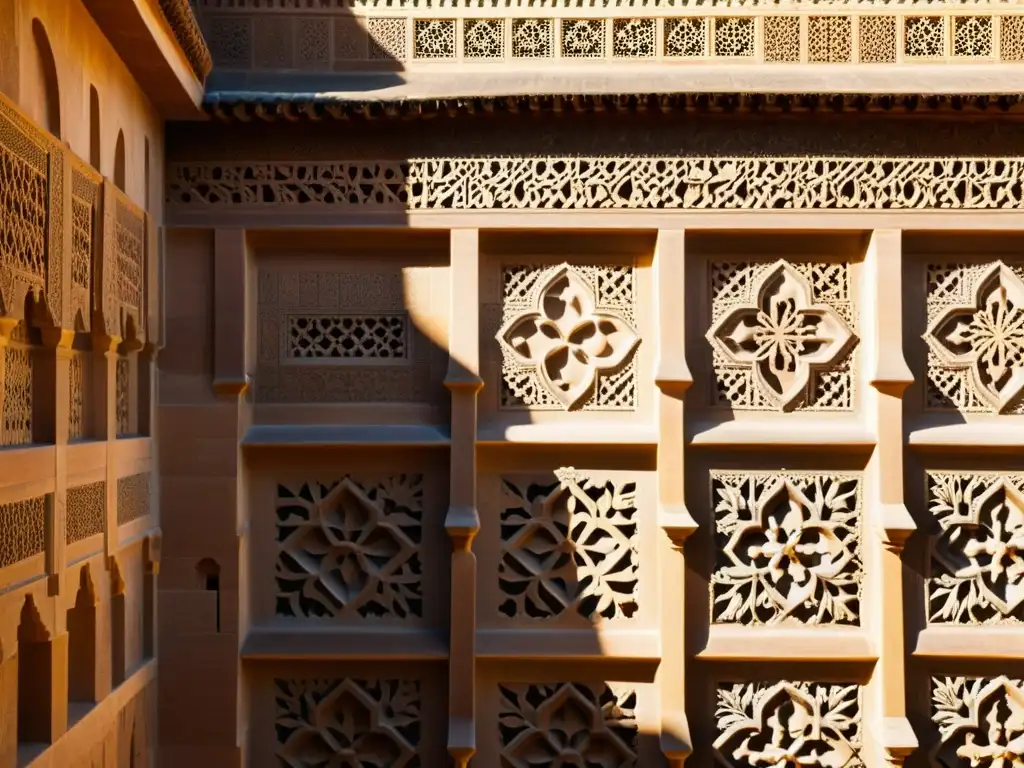 Detalle de los intrincados símbolos arquitectónicos nazaríes en la Alhambra, bañados por la cálida luz del sol, una obra de arte atemporal