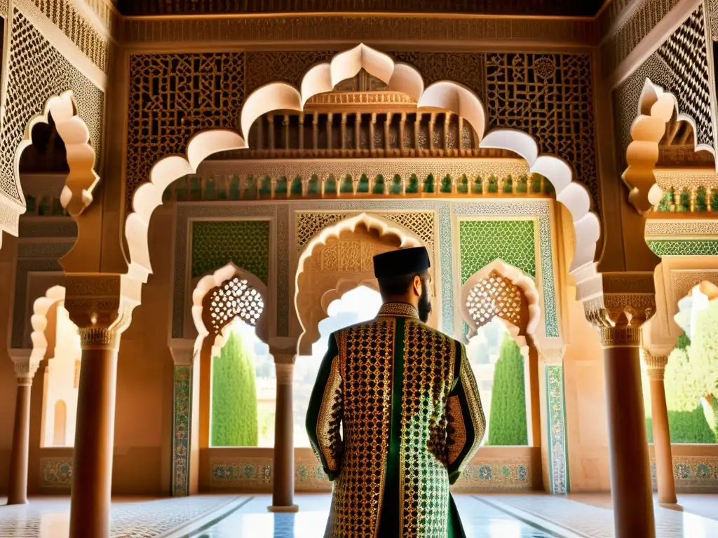 Detalle de la intrincada decoración islámica en la Alhambra con criaturas islámicas en iconografía occidental