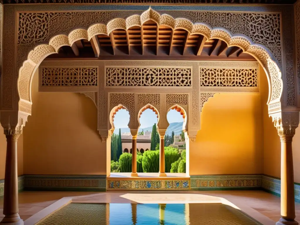 Detalle de las joyas arquitectónicas herencia islámica en los intrincados Palacios Nazaríes de La Alhambra, con luz cálida que realza su elegancia