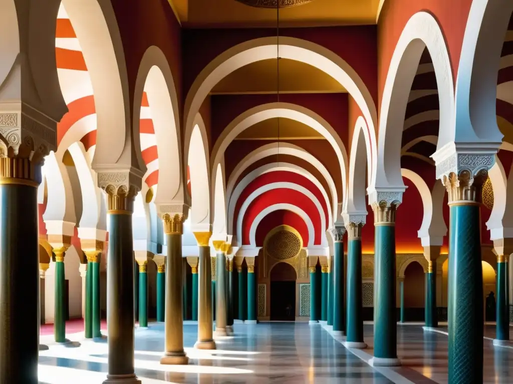 Detalle del legado del Califato de Córdoba en la Gran Mezquita, con arcos, mihrab y patios exuberantes