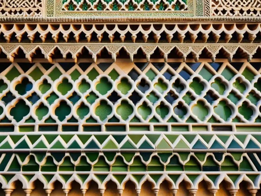 Detalle del legado cultural del Islam en AlÁndalus: intrincadas geometrías y colores vibrantes en la arquitectura de la Alhambra, Granada