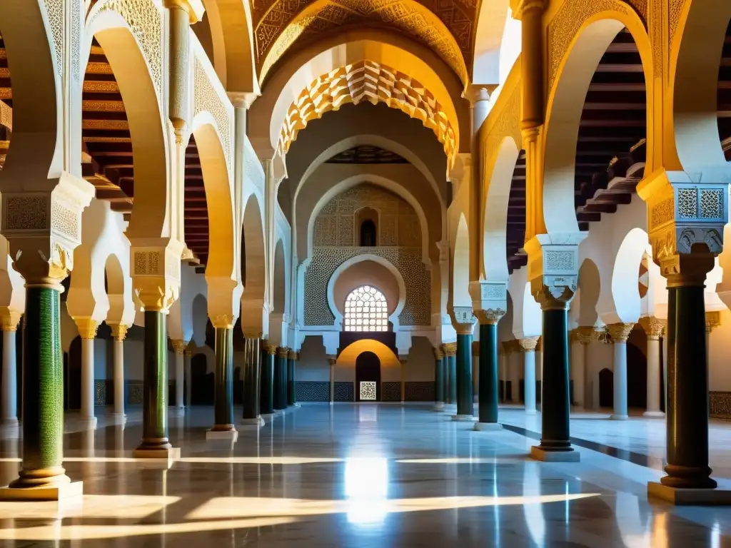 Detalle magnífico de la mezquita de Córdoba, con sus arcos y decoraciones islámicas, mostrando la magnificencia de las casas de oración