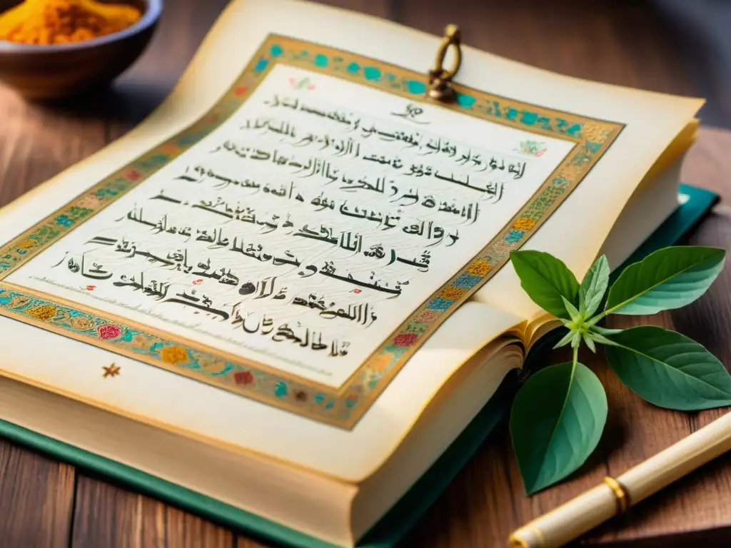 Detalle de manuscrito islámico médico con hierbas medicinales y su influencia en prácticas curativas en Asia