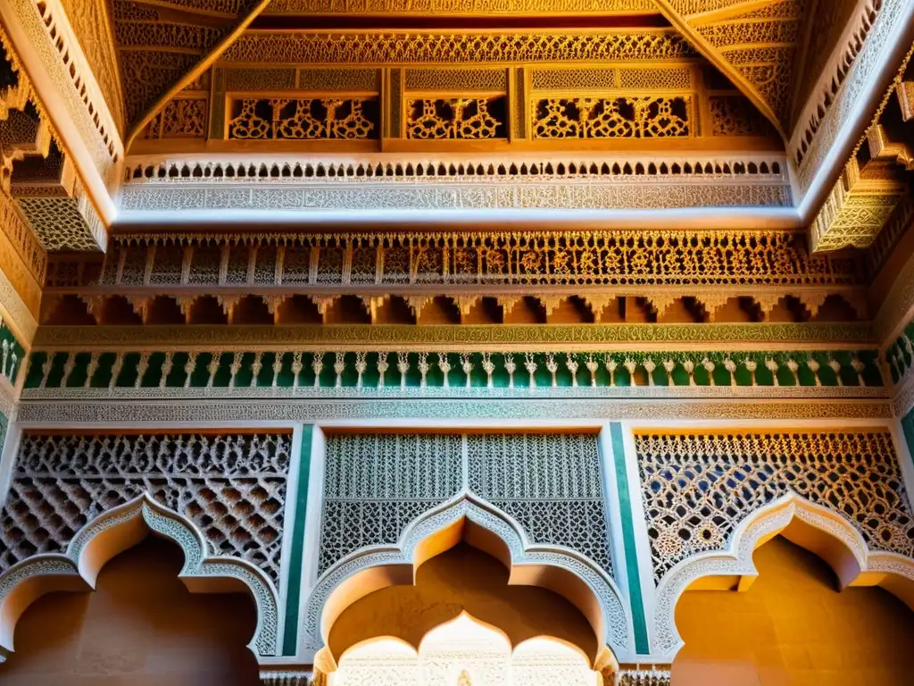 Detalle de la mística matemática islámica en la Alhambra, Granada: patrones geométricos, arabescos y juego de luces y sombras