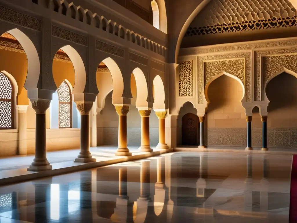 Detalle de materiales de construcción en mezquita histórica: piedra caliza y mármol con intrincados grabados y juego de luces y sombras