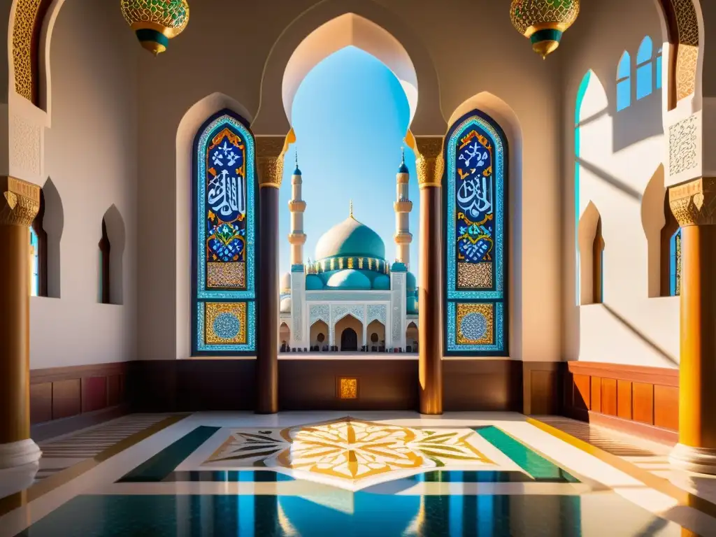 Detalle de mezquita con influencias externas en caligrafía islámica, ornamentación y arquitectura, bañada por luz filtrada en vidrieras