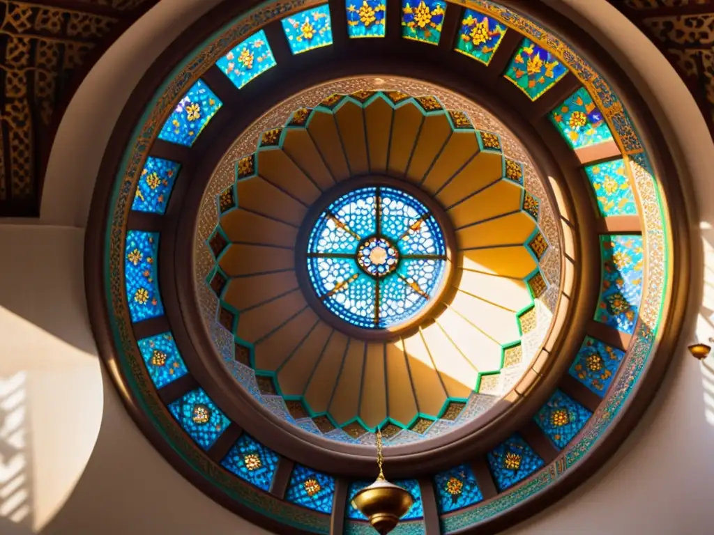 Detalle de cúpula de mezquita con materiales tradicionales y decoración colorida, iluminada por luz cálida