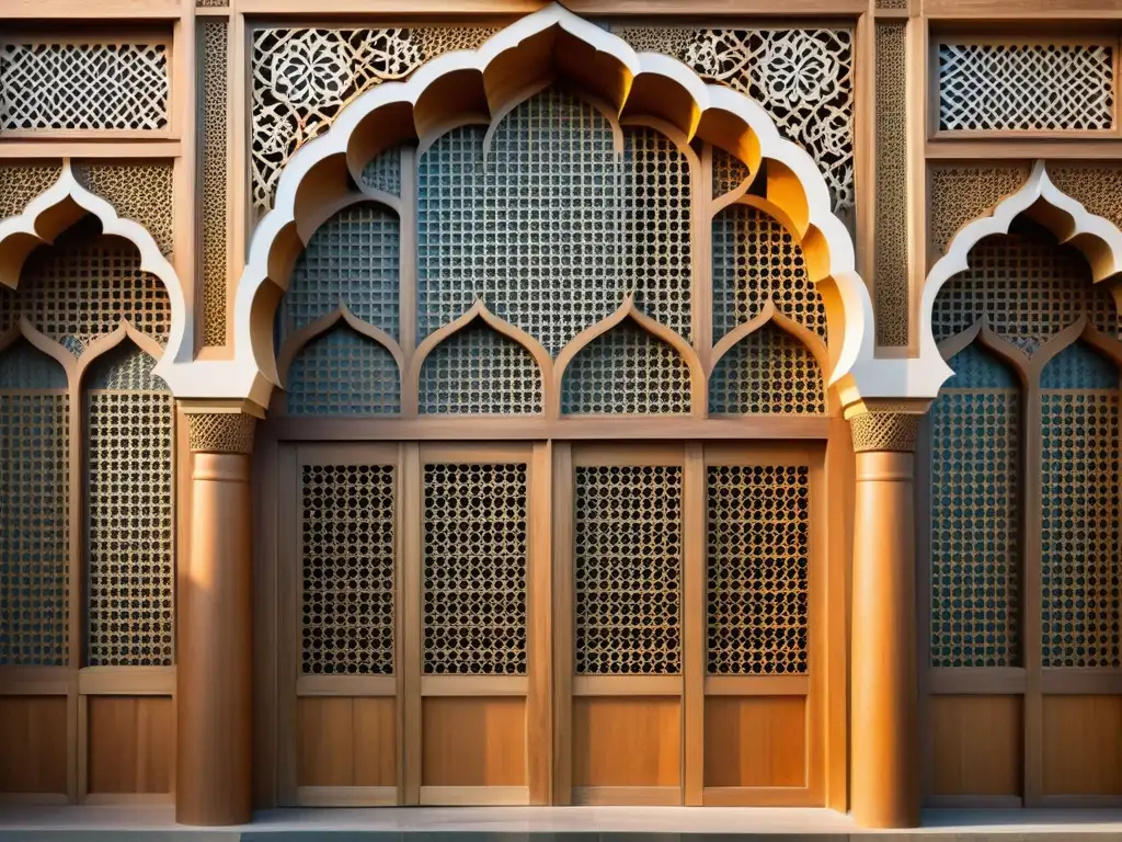 Detalle de mashrabiya en una mezquita tradicional, resaltando materiales tradicionales en la construcción de mezquitas islámicas