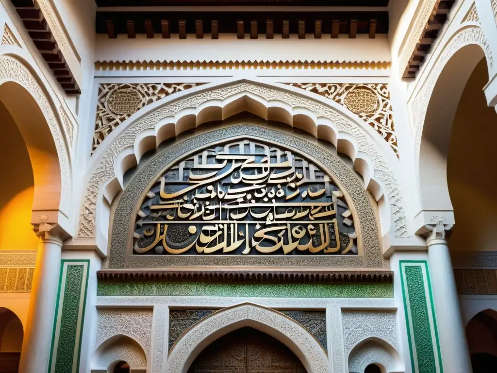 Detalle del mihrab de la Gran Mezquita de Córdoba con intrincados patrones islámicos, juegos de luz y sombra, y arquitectura impresionante, reflejando la maestría de los estudios ópticos islámicos percepción