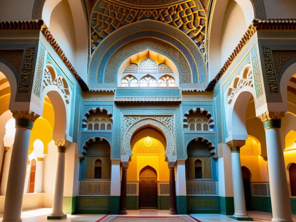 Detalle del mihrab de la Mezquita de Córdoba, mostrando su belleza y evolución en mezquitas, con patrones geométricos, colores vibrantes y calligrafías detalladas