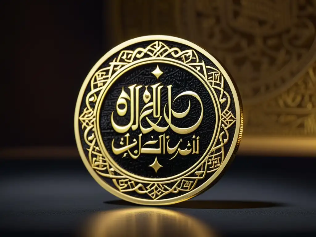 Moneda de oro del Califato Omeya: detalle y elegancia Detalle de una moneda de oro del califato omeya, resaltando la importancia del dinero en el mundo islámico