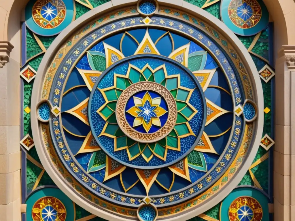 Detalle de un mosaico islámico, reflejando su influencia global con patrones geométricos y colores vibrantes en un entorno arquitectónico grandioso