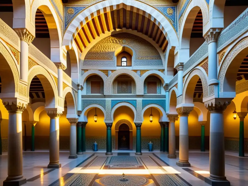 Detalle del mosaico de la Mezquita de Córdoba, con patrones geométricos y sombras dramáticas bajo la luz cálida