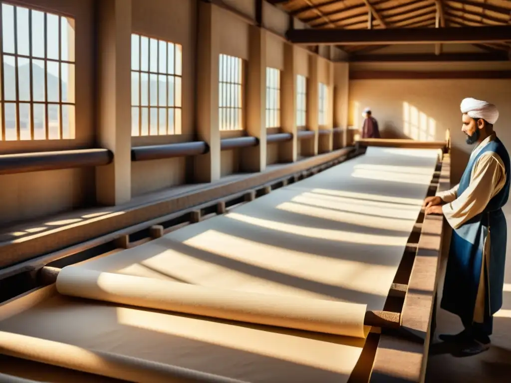 Detalle de la fabricación de papel en el Islam: artesanos produciendo papel a mano en una antigua fábrica, iluminada por cálida luz solar