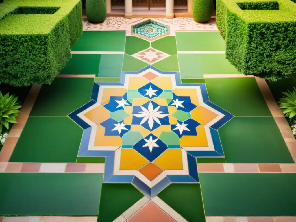 Detalle de un patio de jardín islámico con geometría sagrada, vibrantes colores y sombras proyectadas por el sol